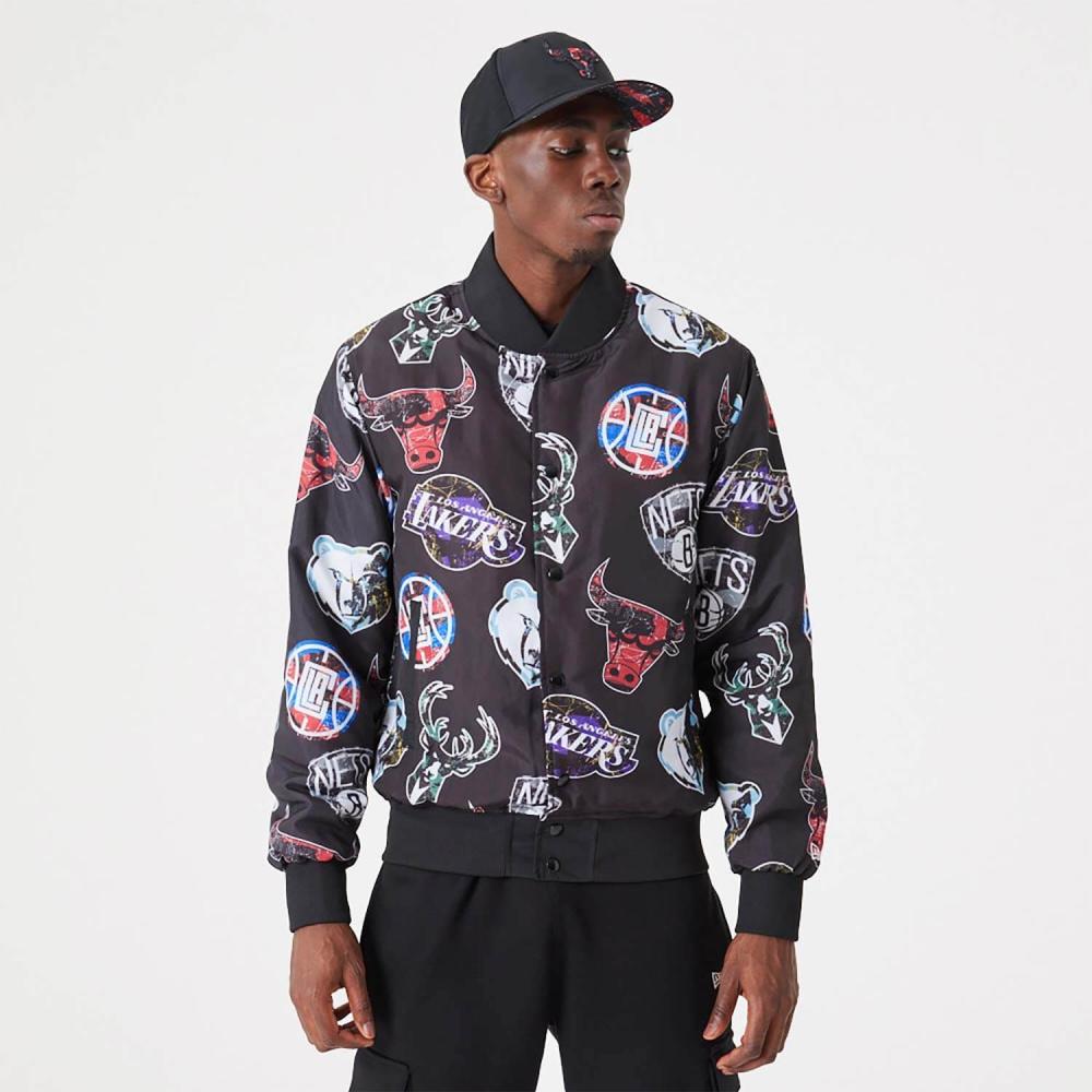 NEW ERA NBA All Over Print Team Logos Black Bomber Jacket Black