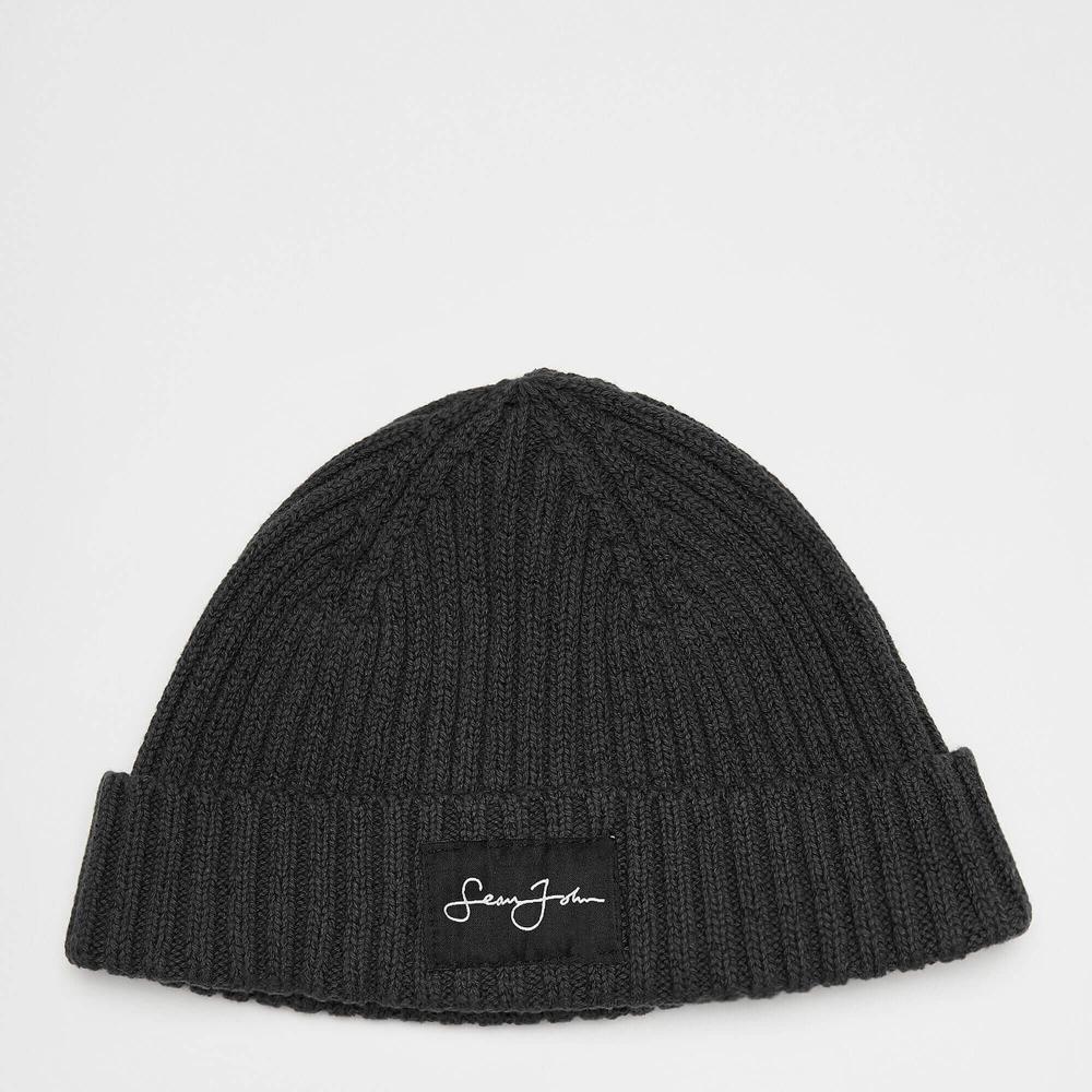 Sean John Script Logo Rib Knit Short Beanie 
black