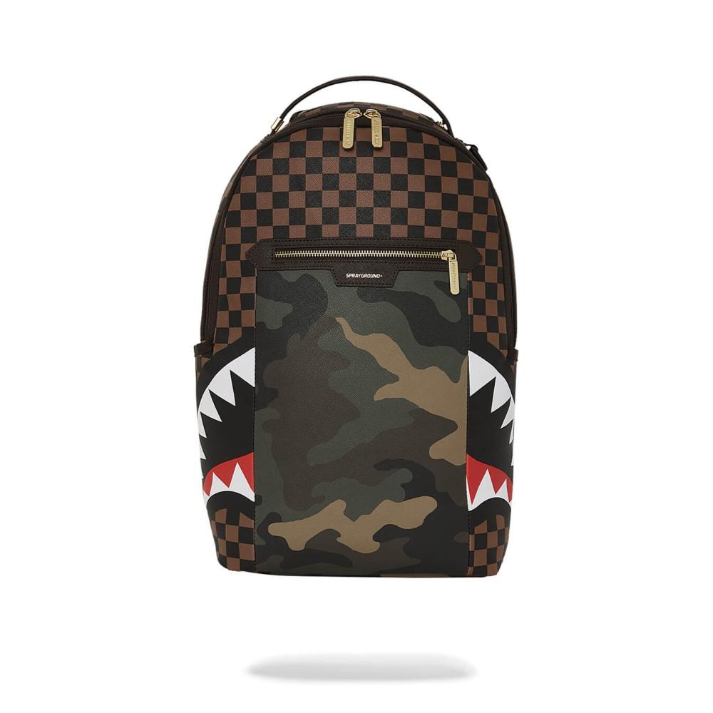 Sprayground Exterior Gold Zip Pocket Sharks In Paris Backpack (Dlxv) Brown/Camo