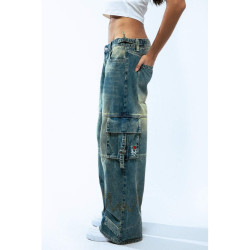 GRIMEY WEAR GRIMEY GIRLS GIRL BAGGY CARGO PANTS WASHED DARK BLUE