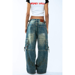 GRIMEY WEAR GRIMEY GIRLS GIRL BAGGY CARGO PANTS WASHED DARK BLUE