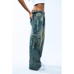 GRIMEY WEAR GRIMEY GIRLS GIRL BAGGY CARGO PANTS WASHED DARK BLUE