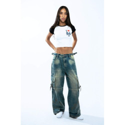 GRIMEY WEAR GRIMEY GIRLS GIRL BAGGY CARGO PANTS WASHED DARK BLUE