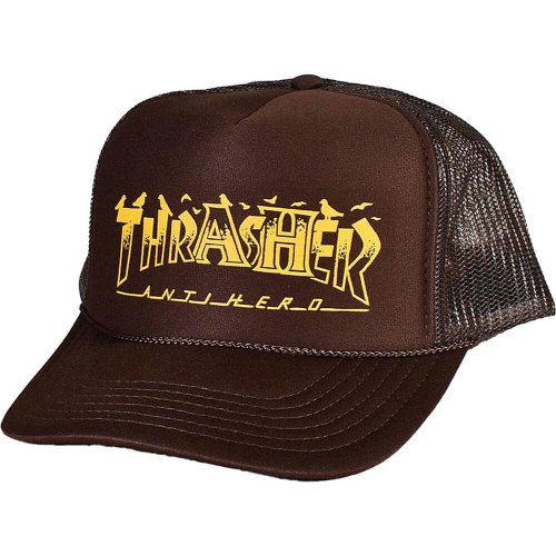 Thrasher X Antihero Pigeon Mag Trucker Hat Brown