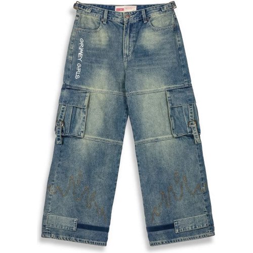 GRIMEY WEAR GRIMEY GIRLS GIRL BAGGY CARGO PANTS WASHED DARK BLUE